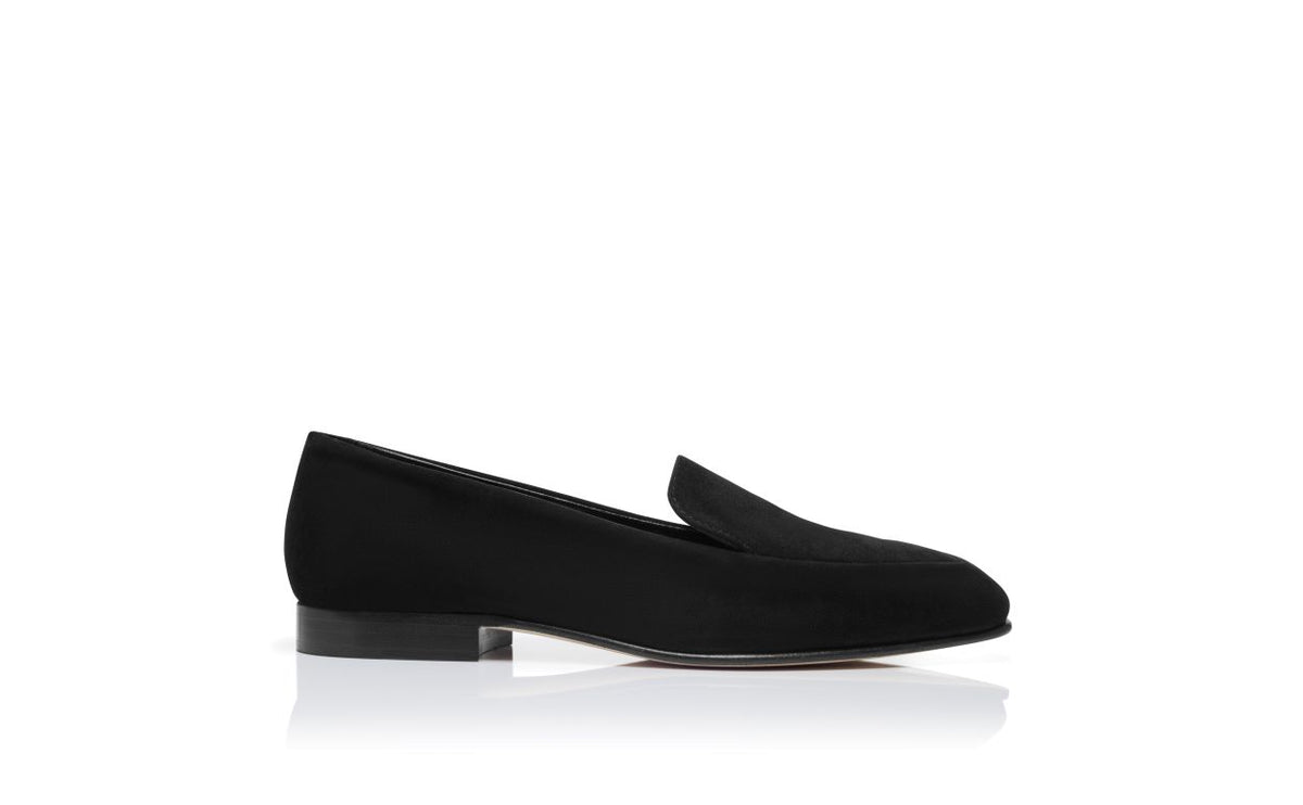 Cressida Lace Black Suede Loafers – side profile showing black suede, Vowalisse