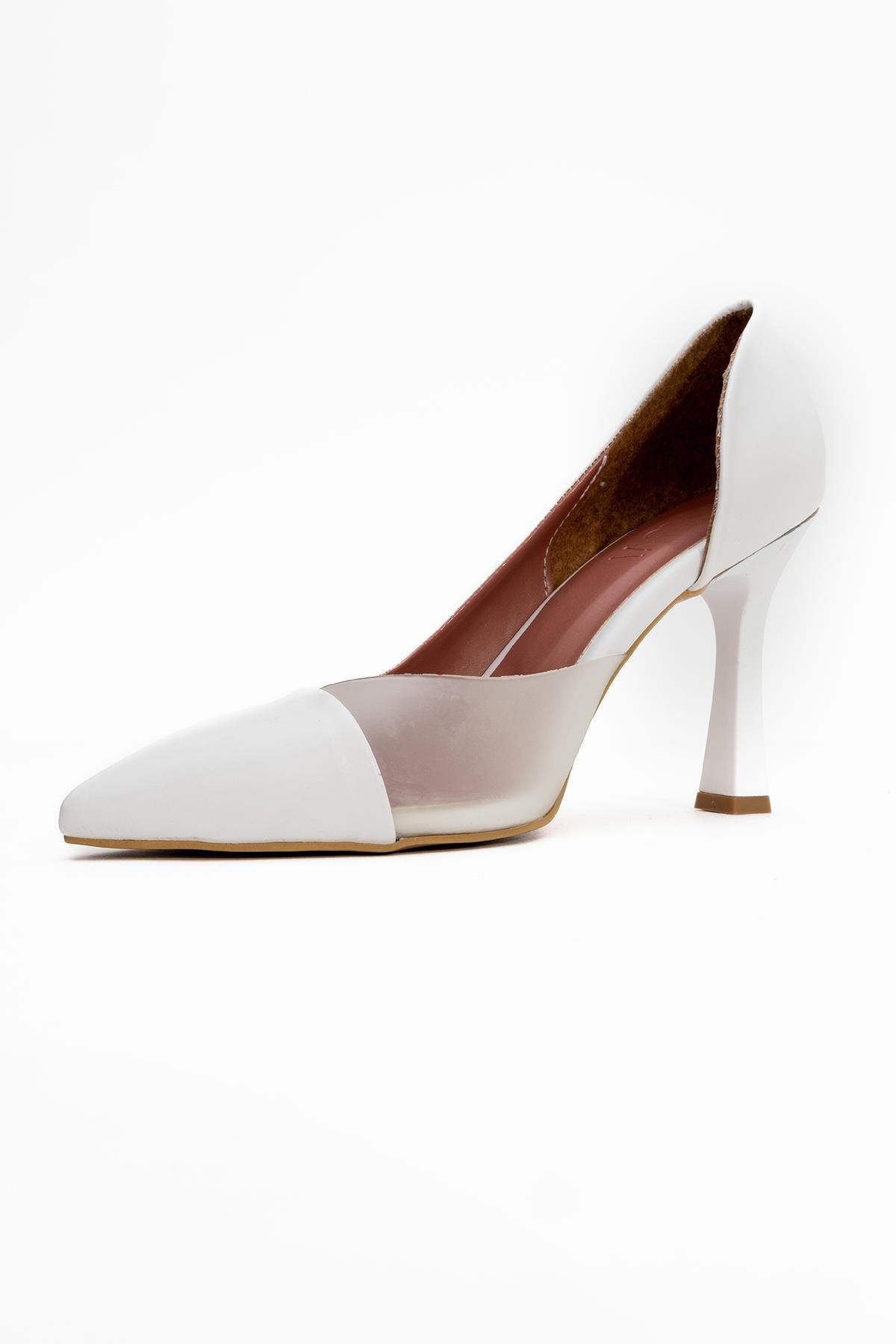 Ursula - White Heeled Shoe – heel view showing leather, white, Vowalisse