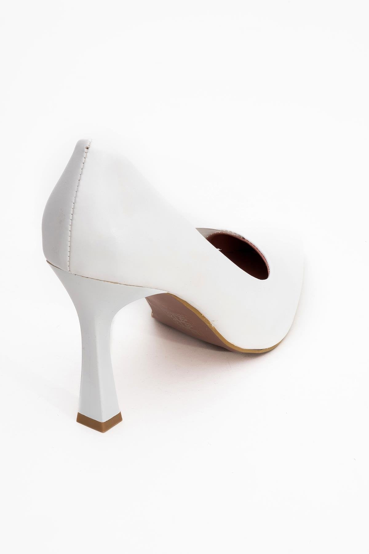 Ursula - White Heeled Shoe – back view showing leather, white, Vowalisse