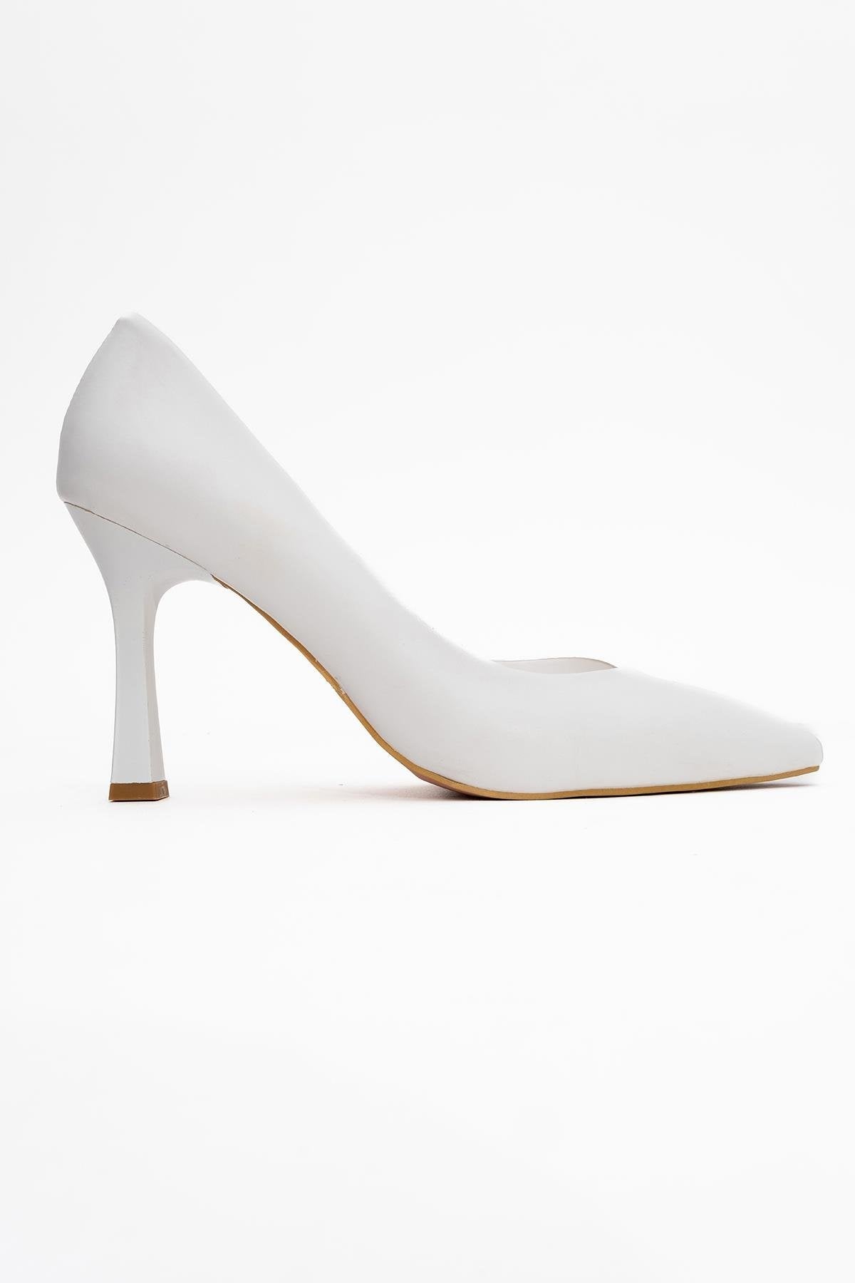 Ursula - White Heeled Shoe – top view showing leather, white, Vowalisse