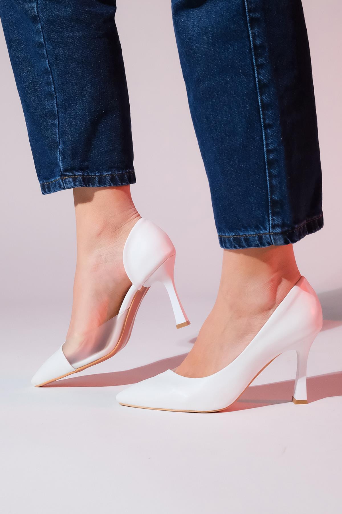 Ursula - White Heeled Shoe – sole view showing leather, white, Vowalisse