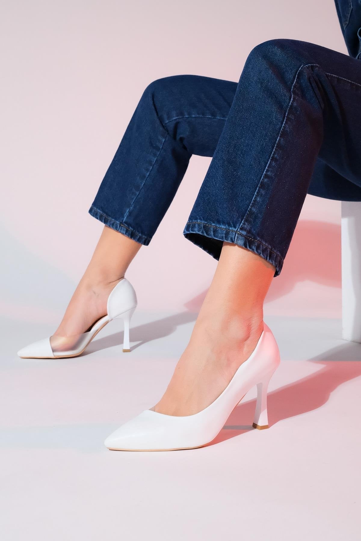 Ursula - White Heeled Shoe – pair view showing leather, white, Vowalisse