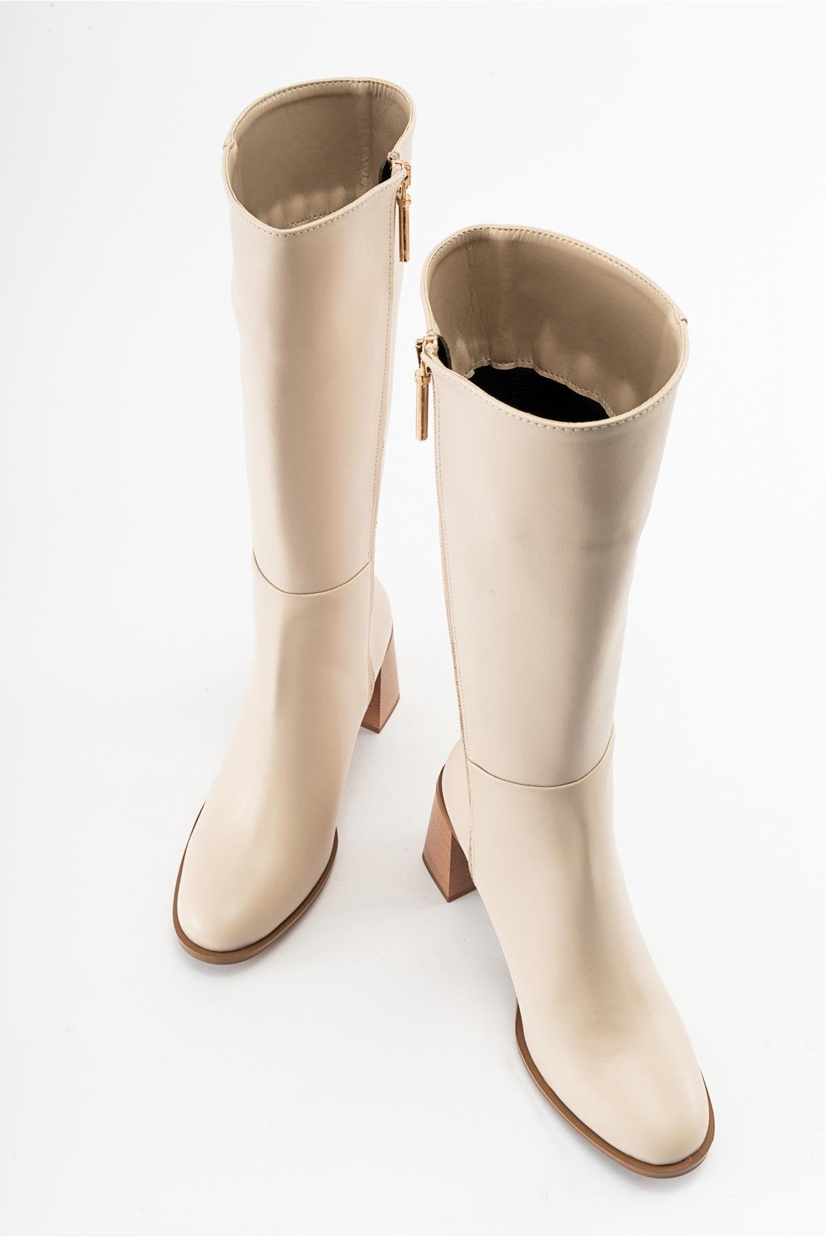 Maranta - Beige Heeled Knee-High Boot – side view showing leather, Vowalisse