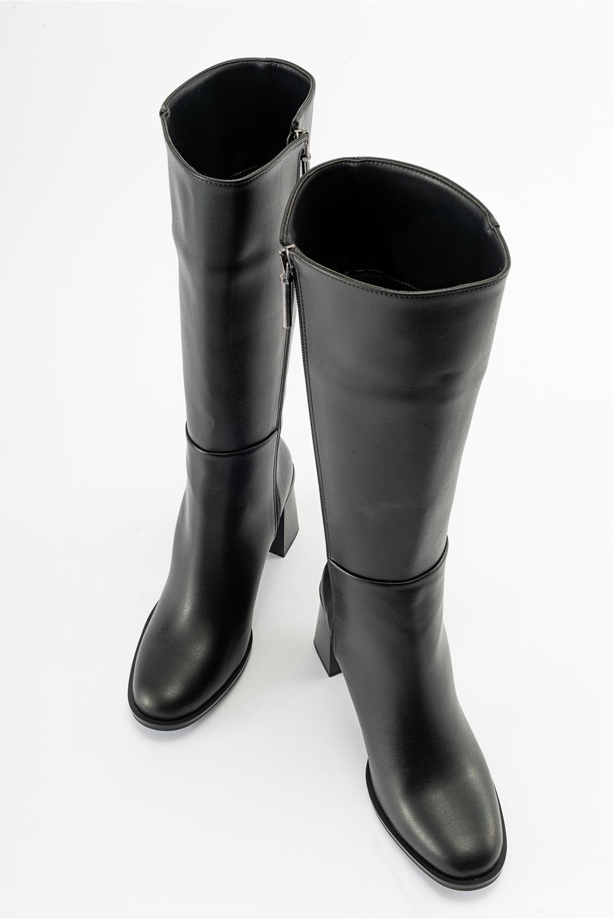 Maranta - Black Heeled Knee-High Boot – side view showing leather, black, Vowalisse