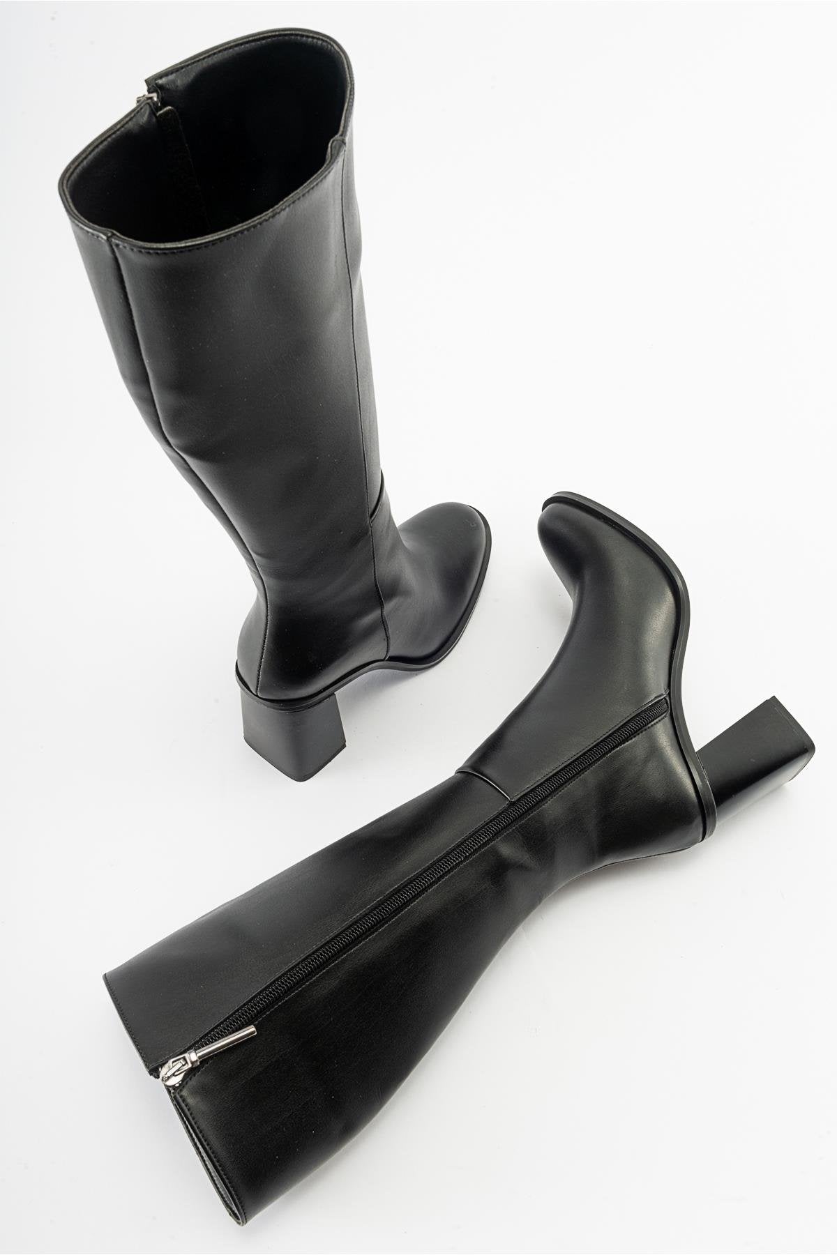 Maranta - Black Heeled Knee-High Boot – heel view showing leather, black, Vowalisse