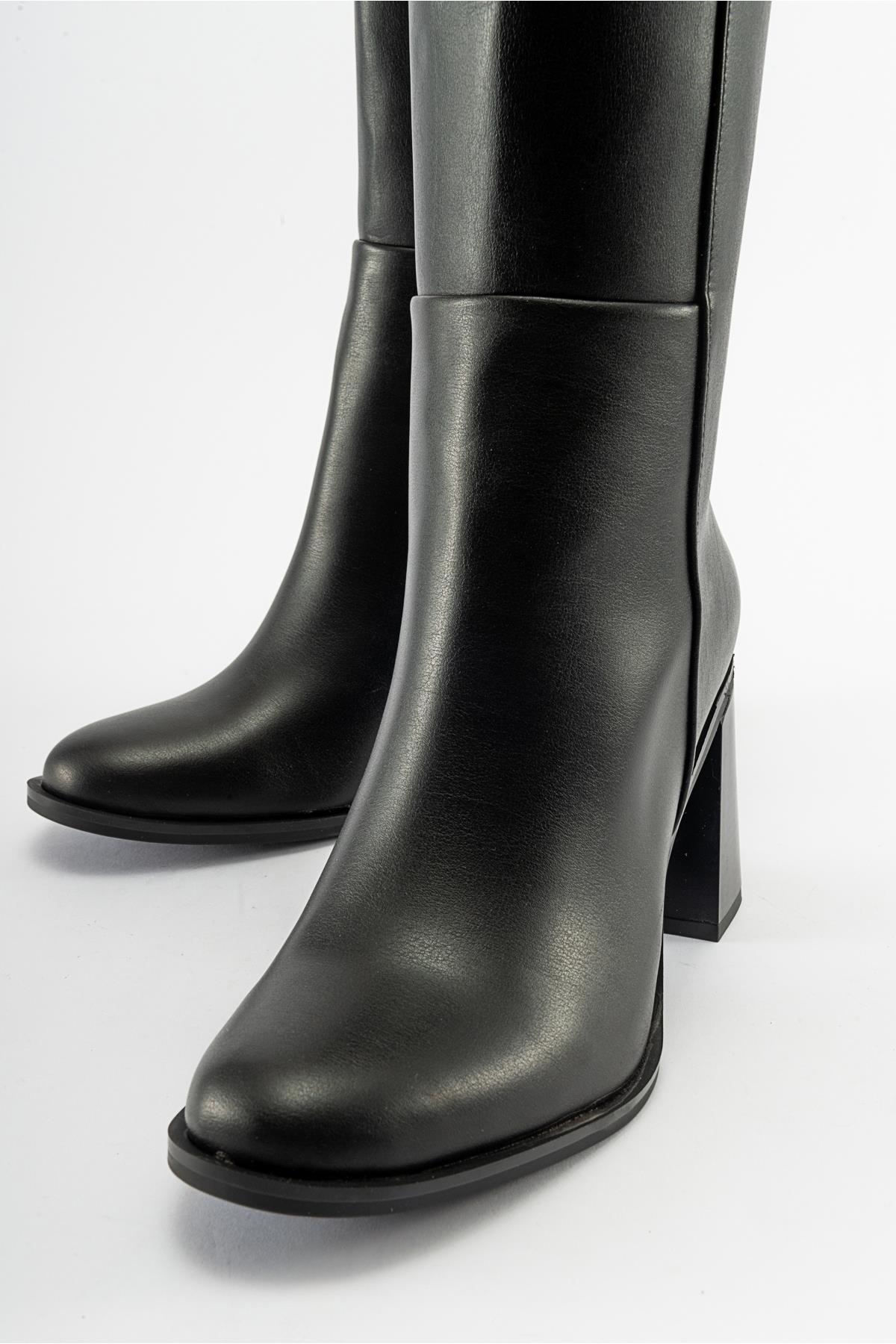 Maranta - Black Heeled Knee-High Boot – back view showing leather, black, Vowalisse