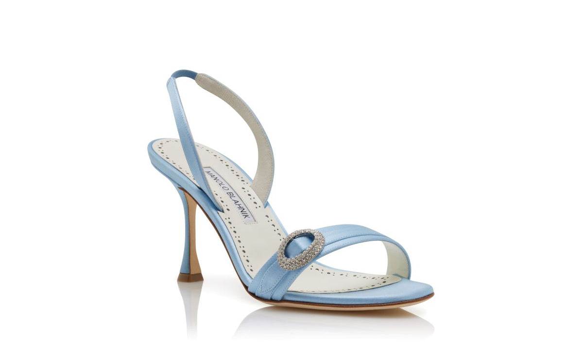 Colette Rose Blue Crystal Embellished Slingbacks – top view showing blue crystal embellished, slingback, open toe, satin…
