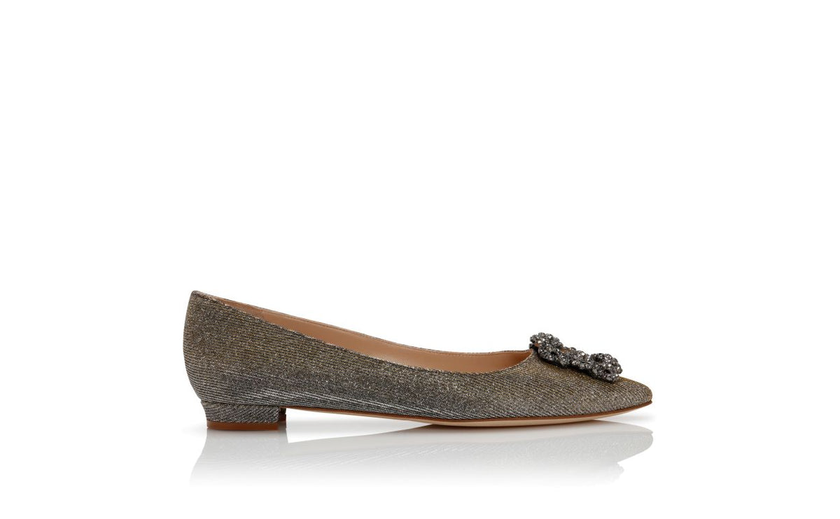 Ophelia Dream Gold Jewel Buckle Pumps – side profile showing gold jewel buckle, crystal buckle, almond toe, Vowalisse