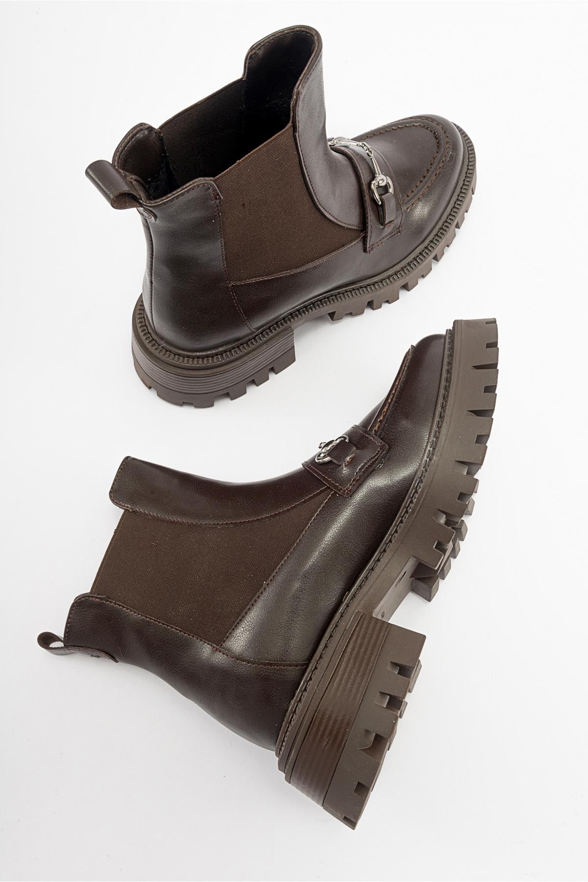 Vesper Brown Buckled Chelsea Boot – detail view showing leather, Vowalisse