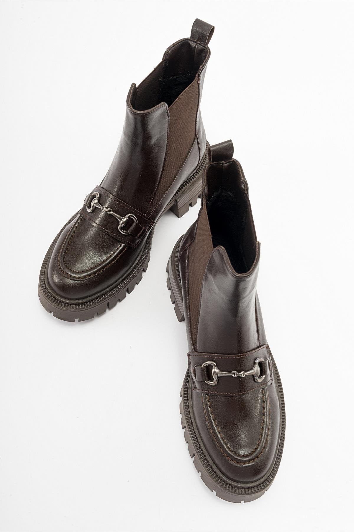 Vesper Brown Buckled Chelsea Boot – heel view showing leather, Vowalisse