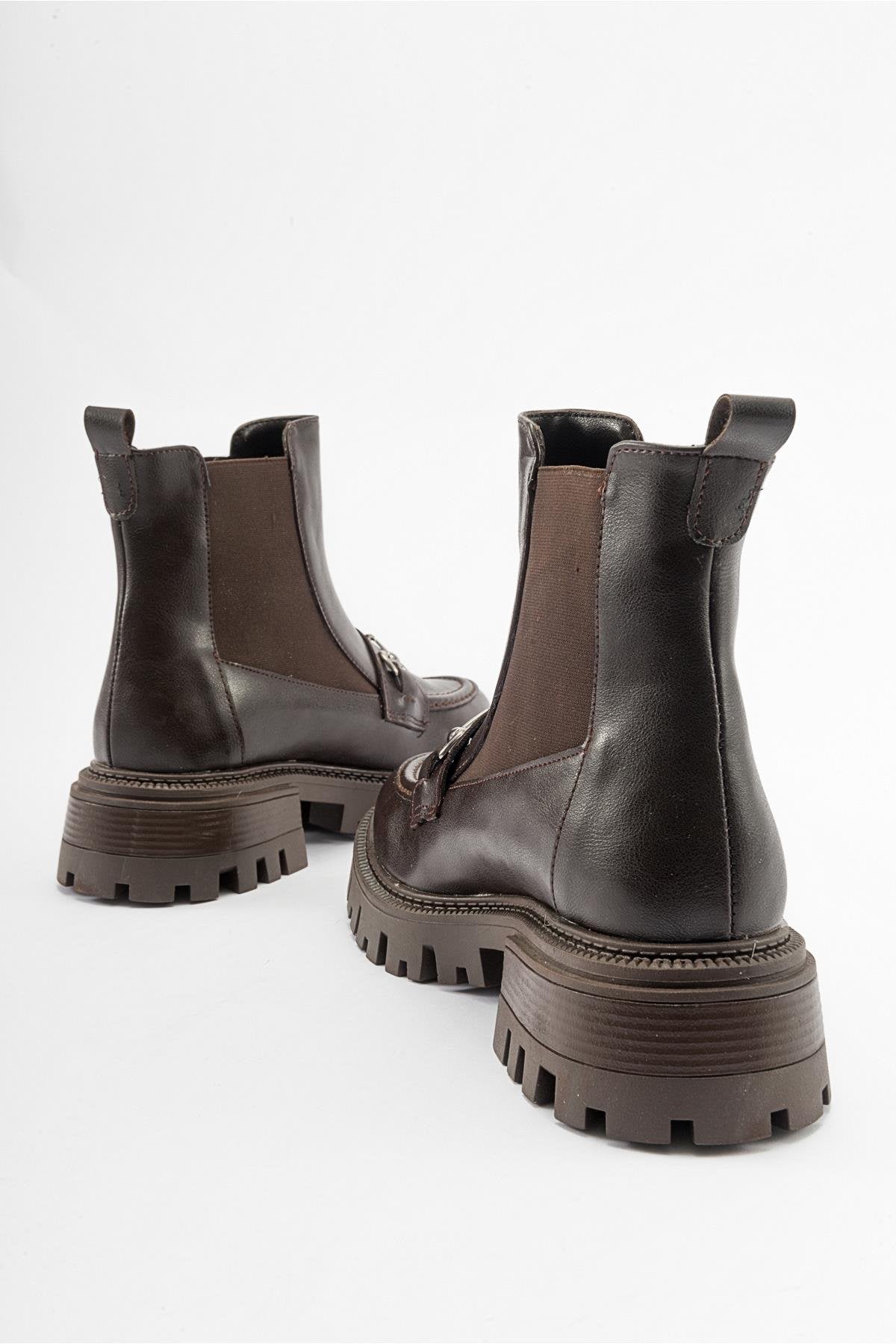 Vesper Brown Buckled Chelsea Boot – back view showing leather, Vowalisse