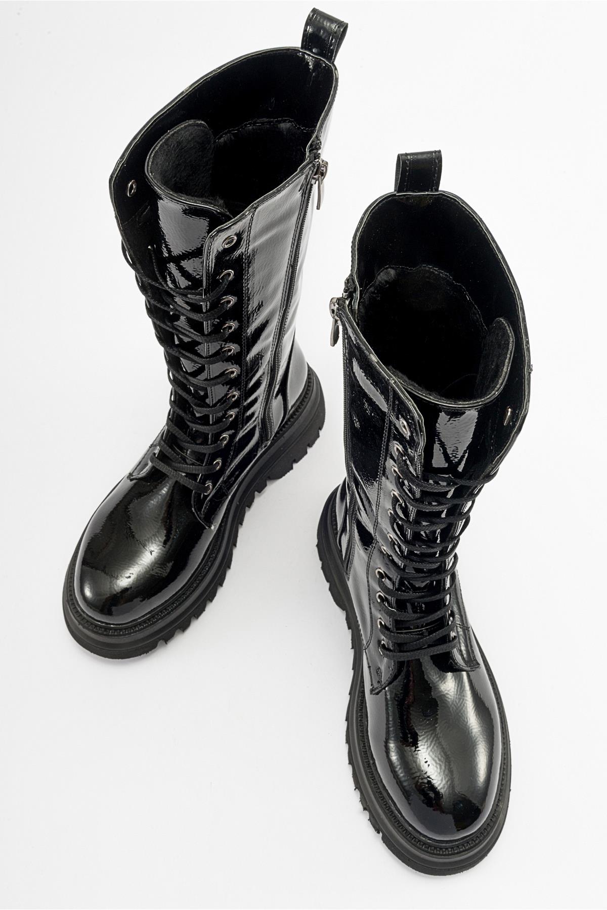 Piola - Black Crinkled Patent Lace-Up Zip Combat Boot – side view showing lace, leather, black, Vowalisse
