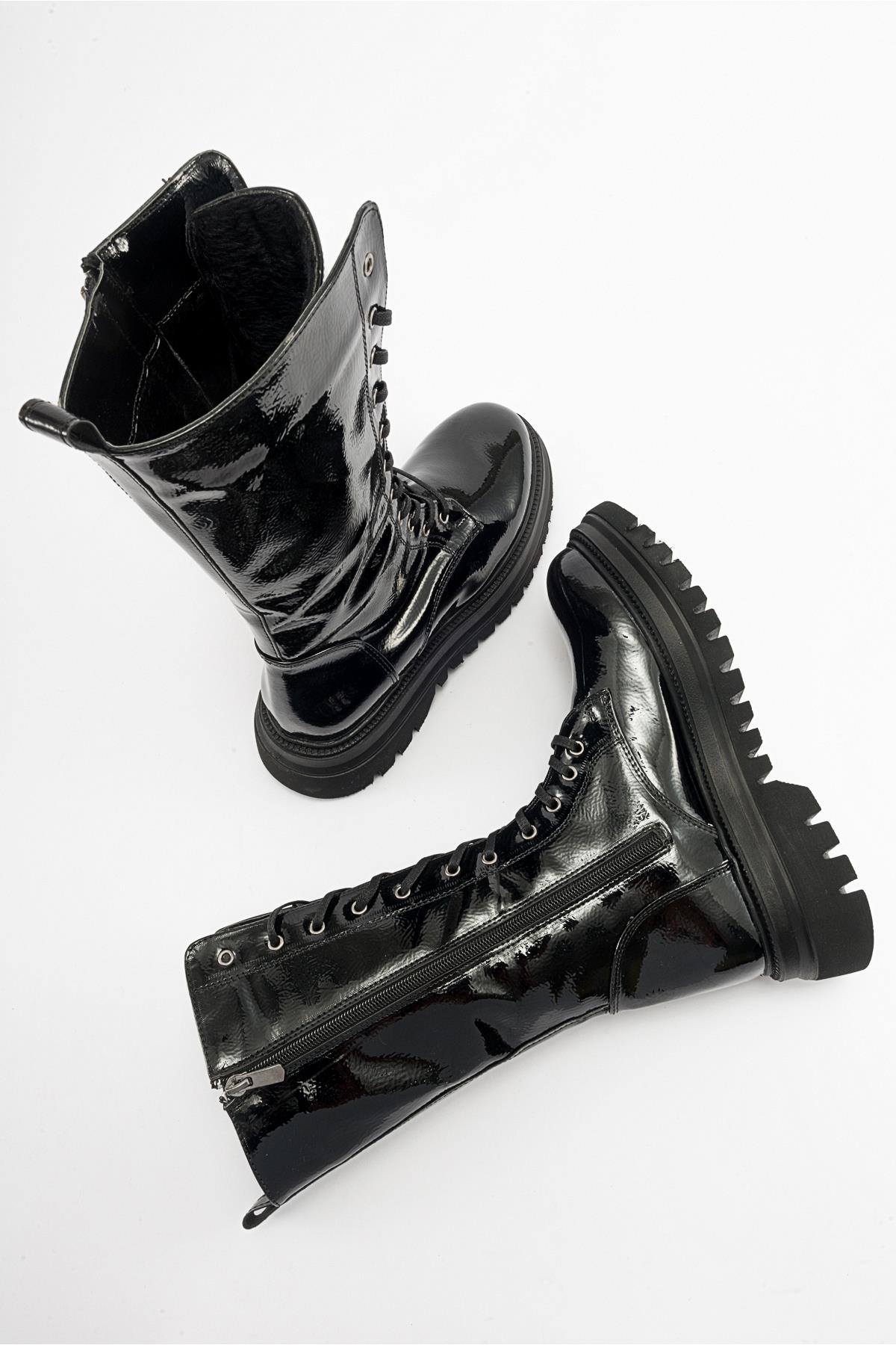 Piola - Black Crinkled Patent Lace-Up Zip Combat Boot – detail view showing lace, leather, black, Vowalisse