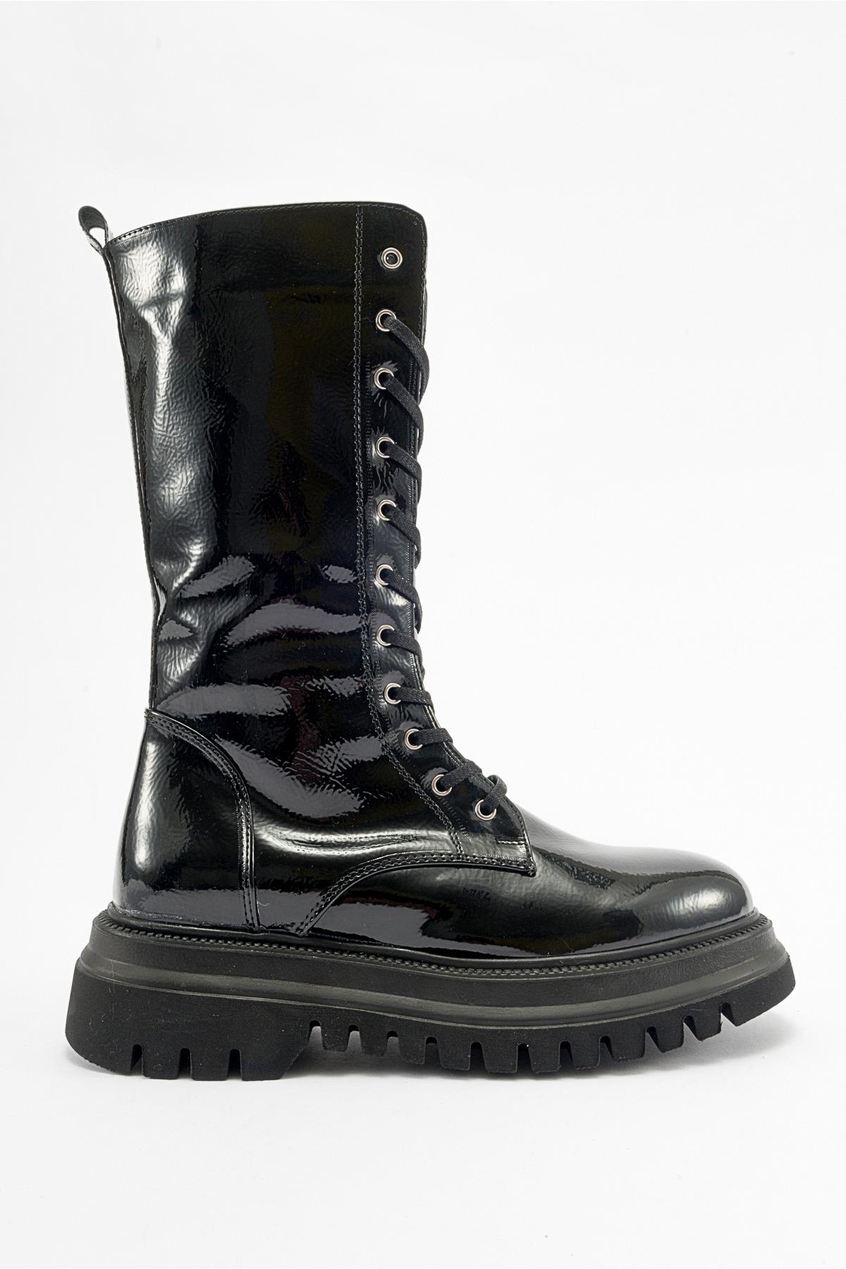 Piola - Black Crinkled Patent Lace-Up Zip Combat Boot – top view showing lace, leather, black, Vowalisse