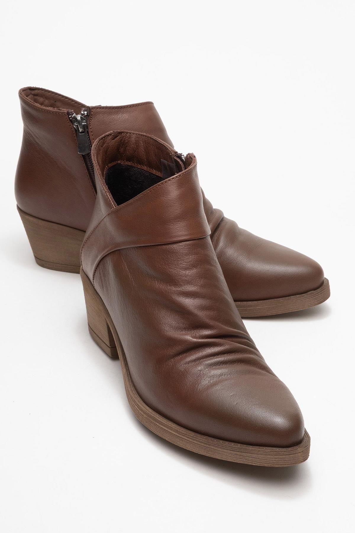 Rule - Brown Genuine Leather Block Heel Ankle Boot – front three-quarter view showing leather, Vowalisse
