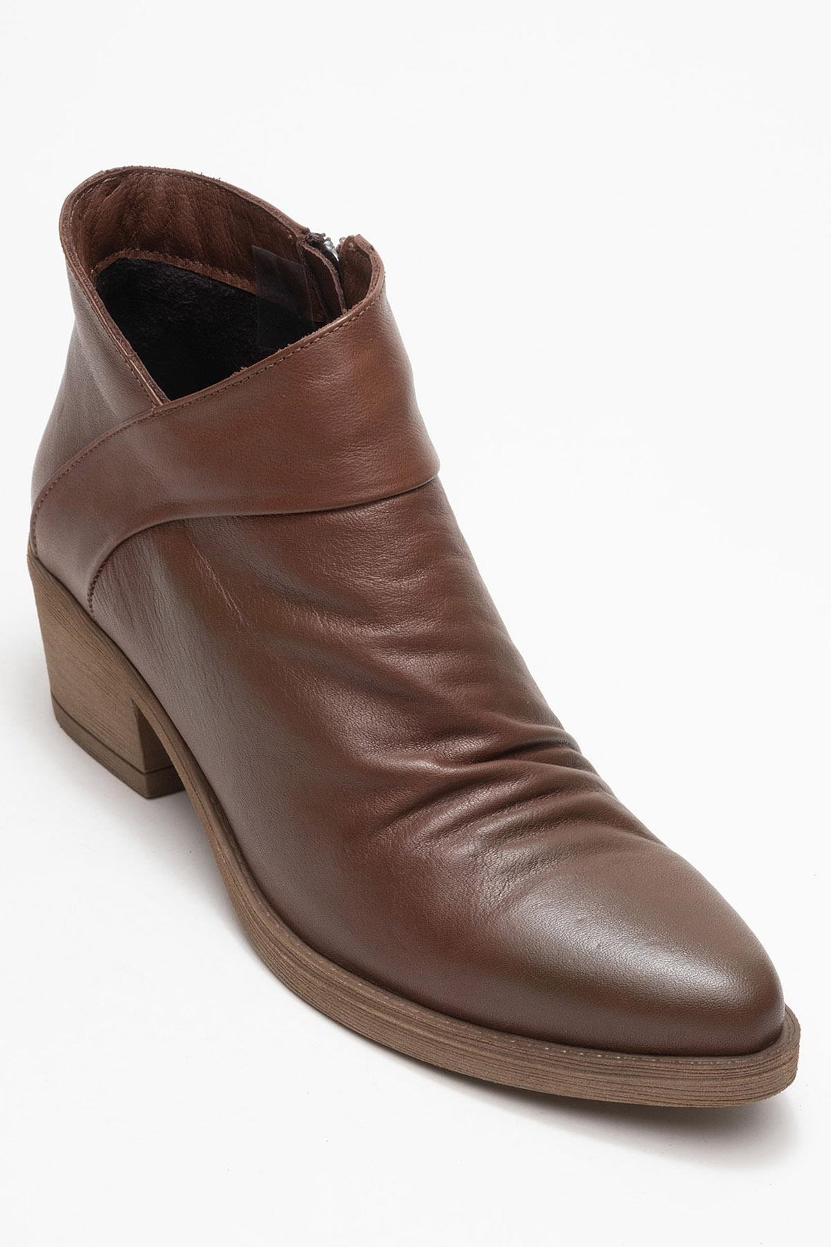 Rule - Brown Genuine Leather Block Heel Ankle Boot – detail view showing leather, Vowalisse