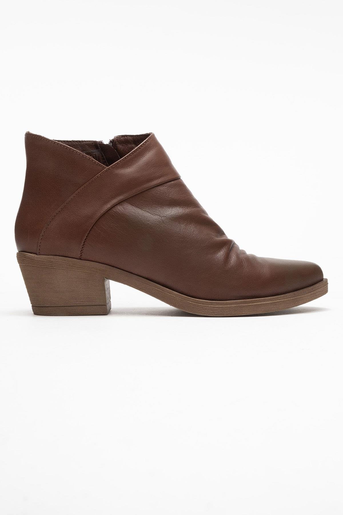 Rule - Brown Genuine Leather Block Heel Ankle Boot – top view showing leather, Vowalisse