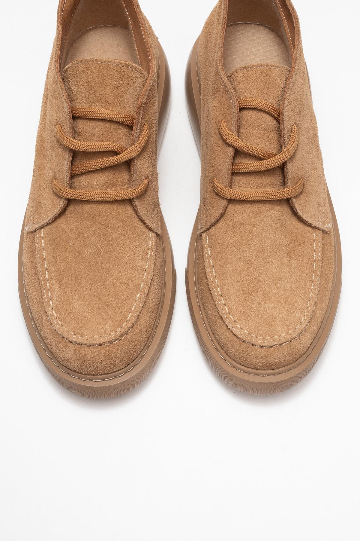 Lilya - Taupe Genuine Suede Leather Chukka Boot – side view showing leather, suede, Vowalisse