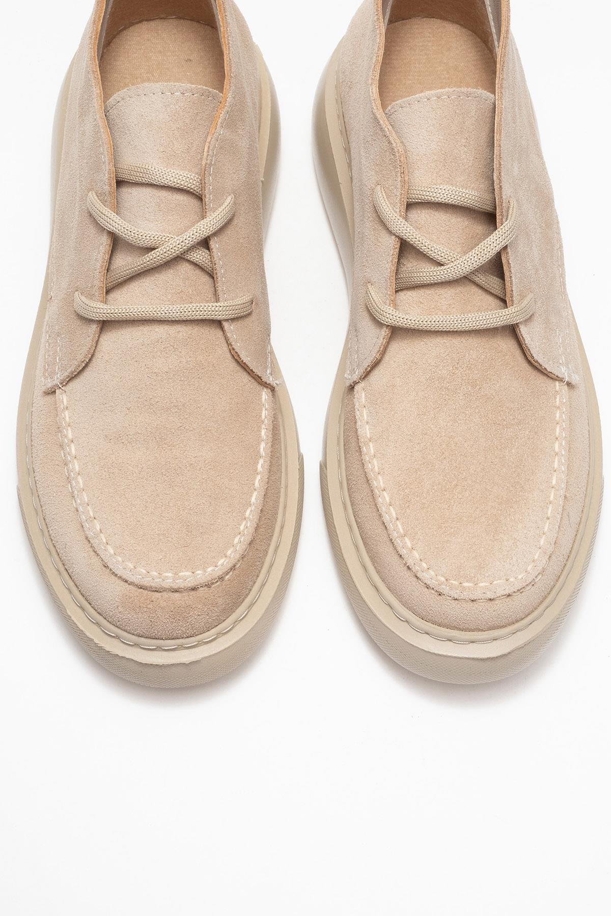 Lilya - Taupe Genuine Suede Leather Chukka Boot – side view showing leather, suede, Vowalisse