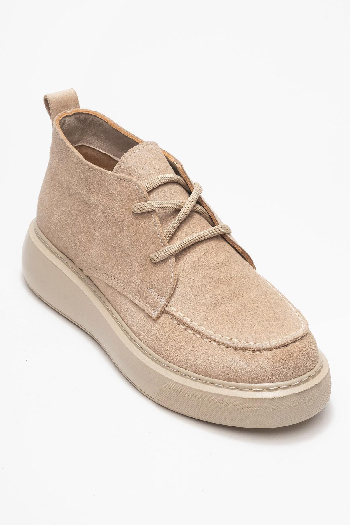 Lilya - Taupe Genuine Suede Leather Chukka Boot – detail view showing leather, suede, Vowalisse