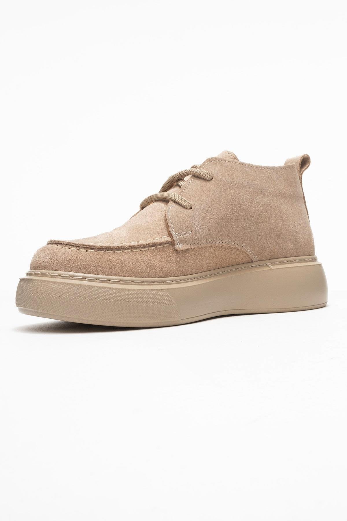 Lilya - Taupe Genuine Suede Leather Chukka Boot – heel view showing leather, suede, Vowalisse