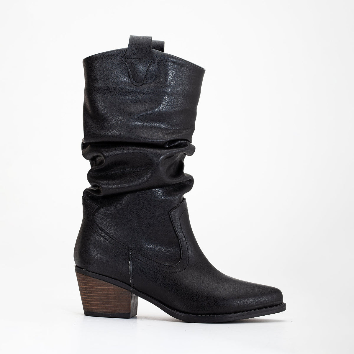 Bonnie - Black Slouch Western Boots – front three-quarter view showing black, red, Vowalisse