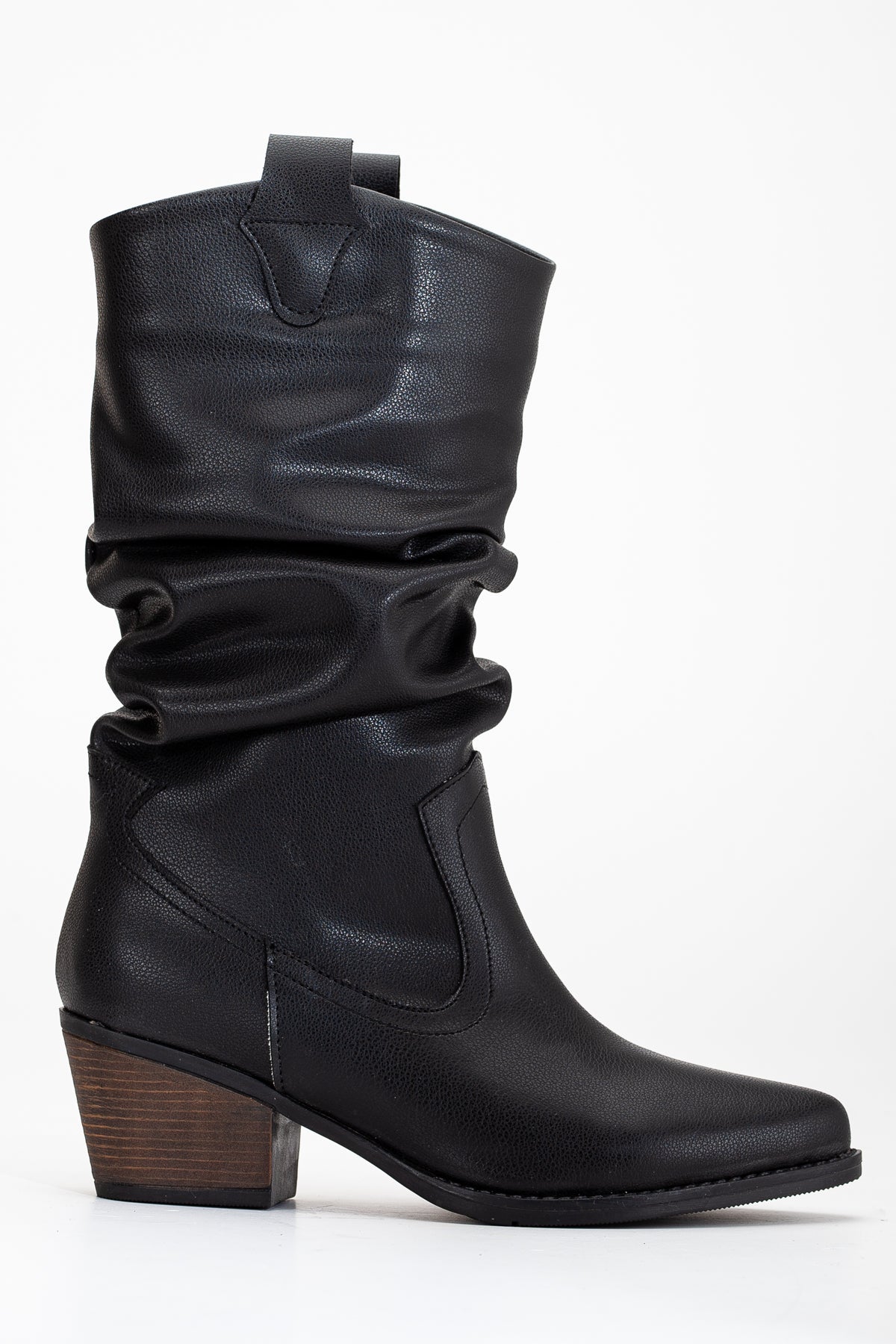 Bonnie - Black Slouch Western Boots – detail view showing black, red, Vowalisse