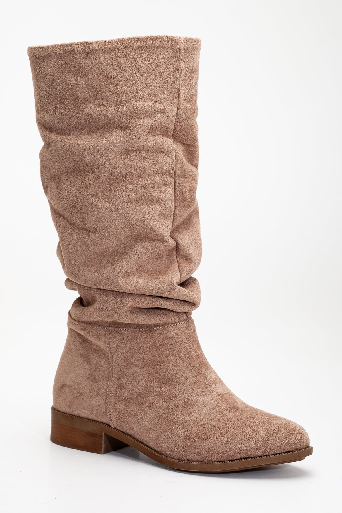 Maribel - Dark Beige Suede Slouchy Boots – side view showing suede, red, Vowalisse