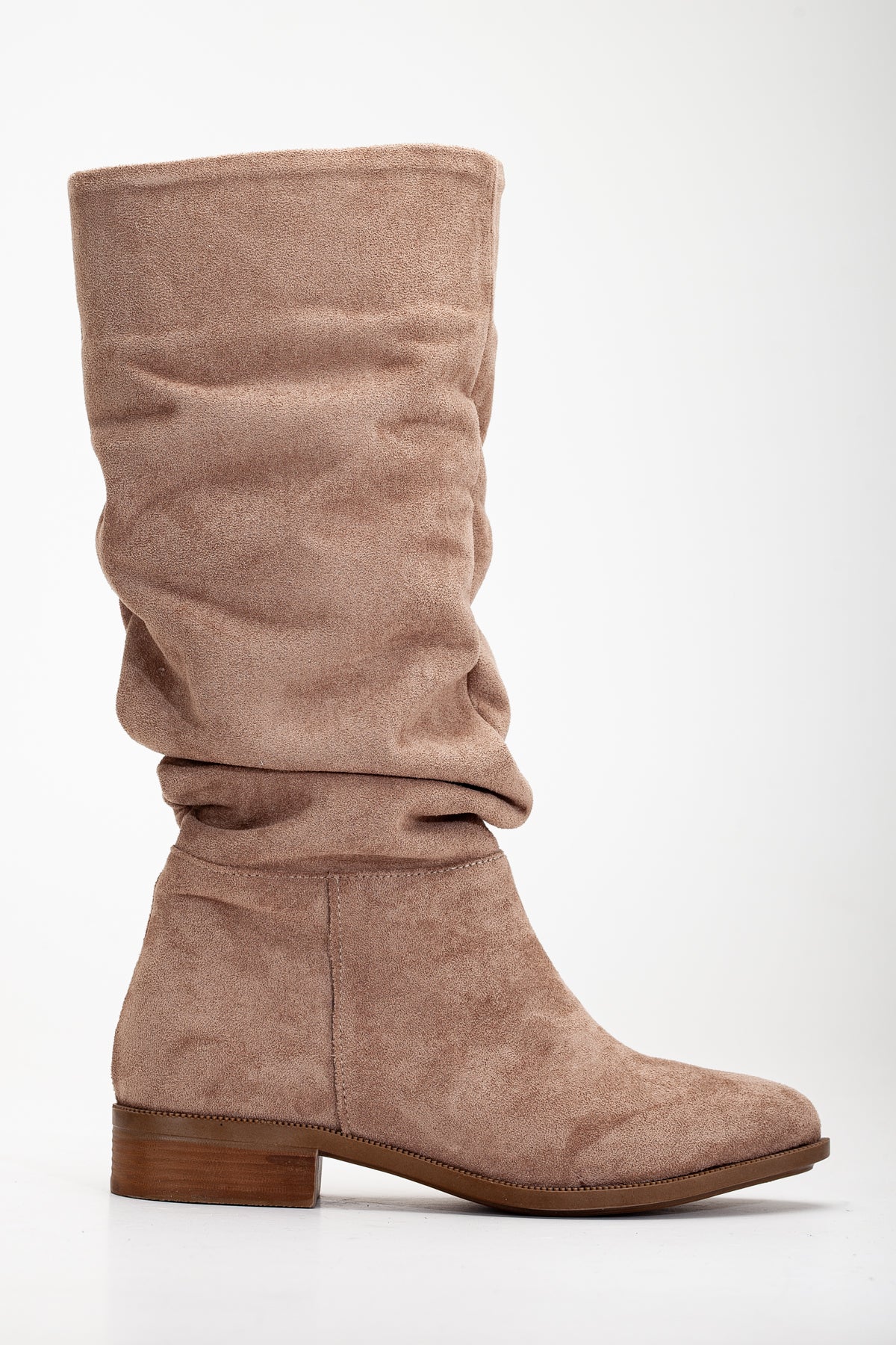 Maribel - Dark Beige Suede Slouchy Boots – detail view showing suede, red, Vowalisse