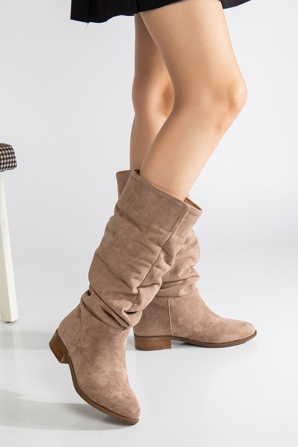 Maribel - Dark Beige Suede Slouchy Boots – top view showing suede, red, Vowalisse