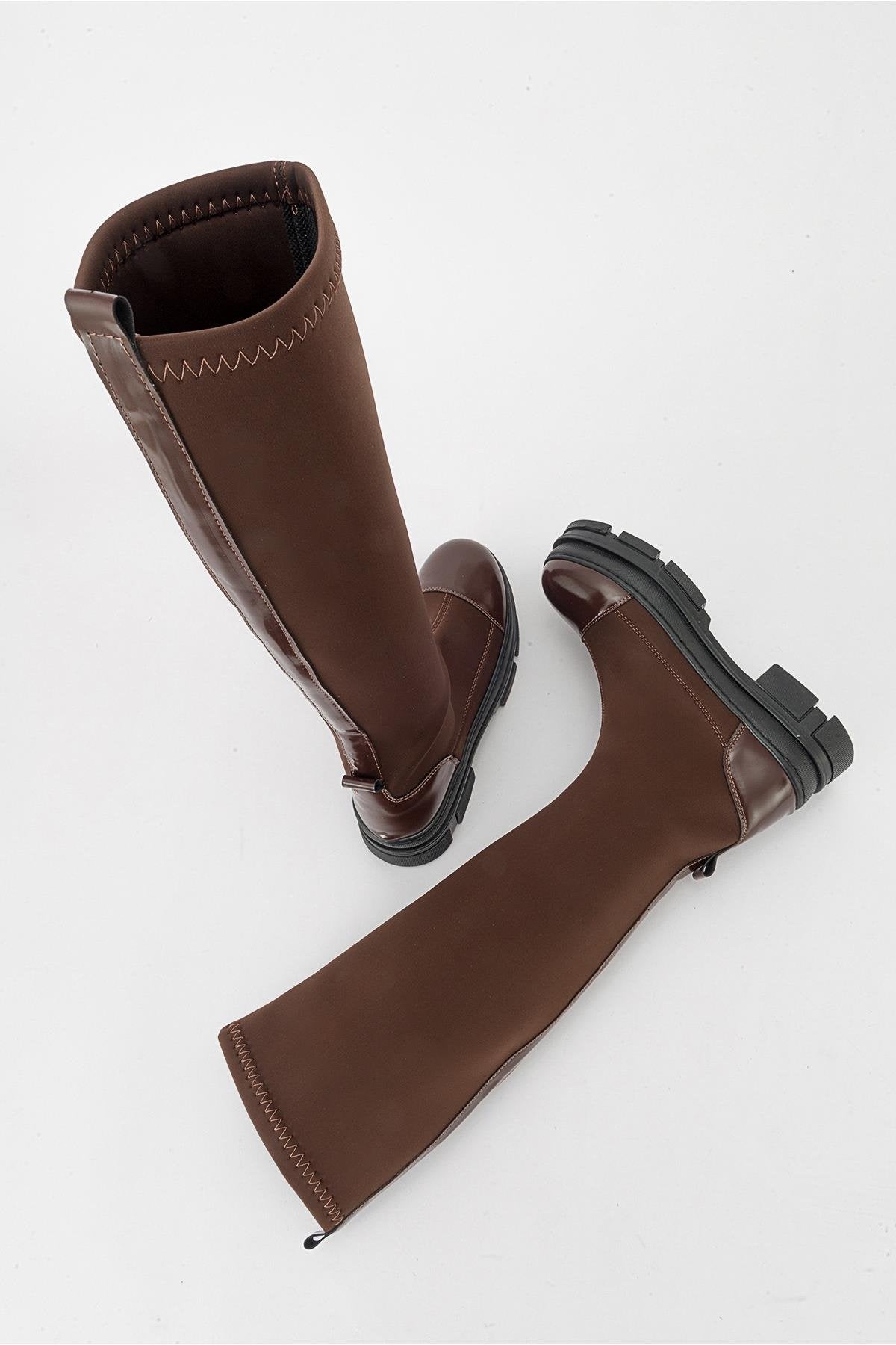 Bella Brown Scuba Boot – side view showing leather, Vowalisse