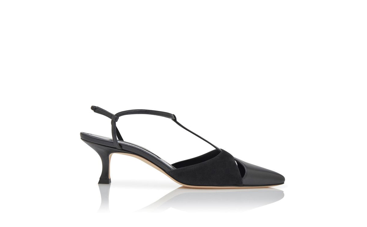 Amelie Flame Black T-Bar T-Bar Shoes – side profile showing black t-bar, pointed toe, suede, nappa leather, Vowalisse