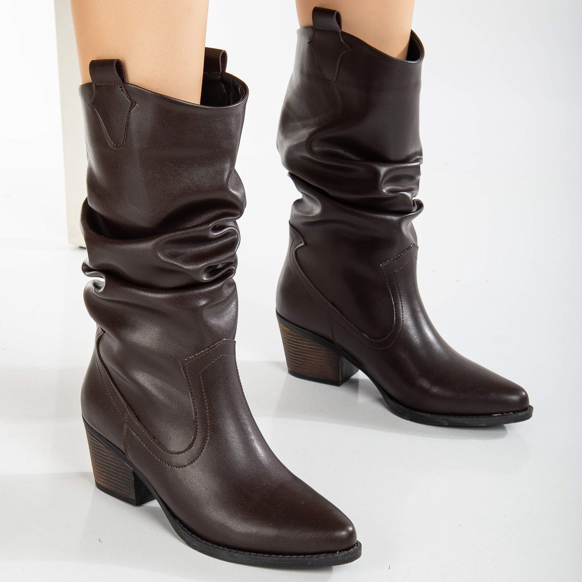Bonnie - Dark Brown Slouch Western Boots – heel view showing red, Vowalisse