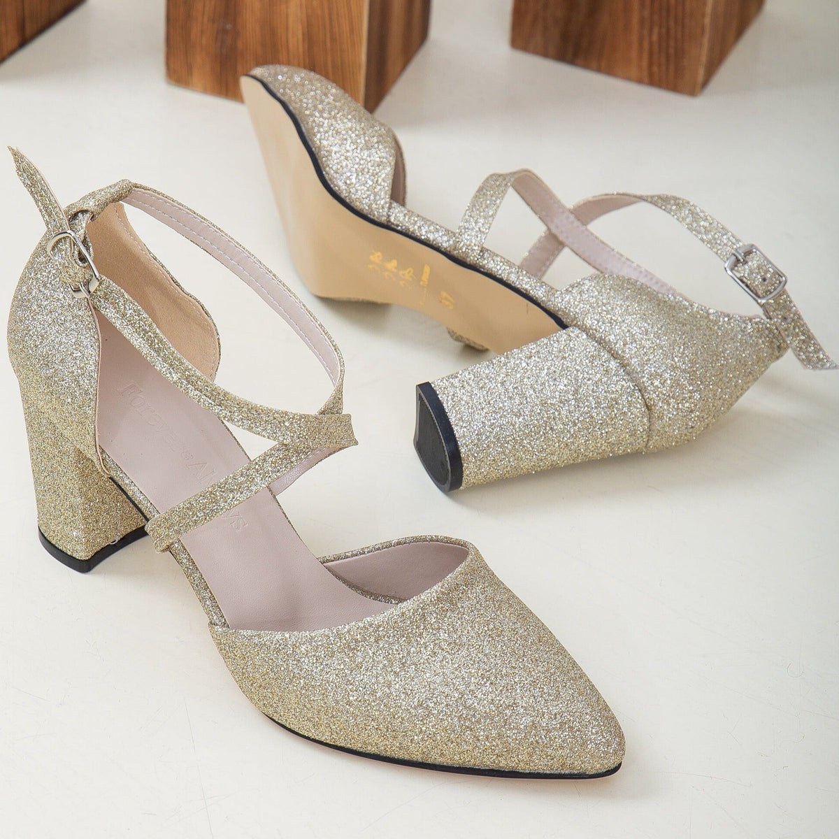 Sina - Gold Glitter Wedding Shoes – heel view showing glitter, gold, Vowalisse