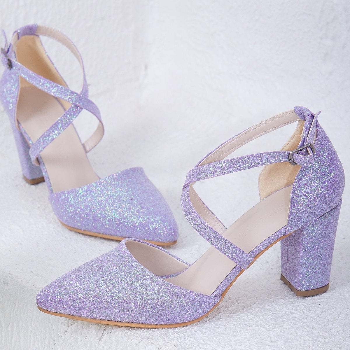 Sina - Lilac Glitter Wedding Shoes – back view showing glitter, Vowalisse