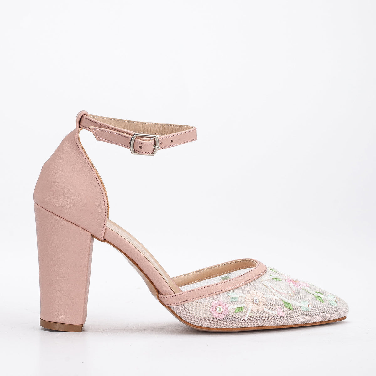 Lorraine - Blush Floral Lace Wedding Shoes – front three-quarter view showing pearl, lace, leather, Vowalisse