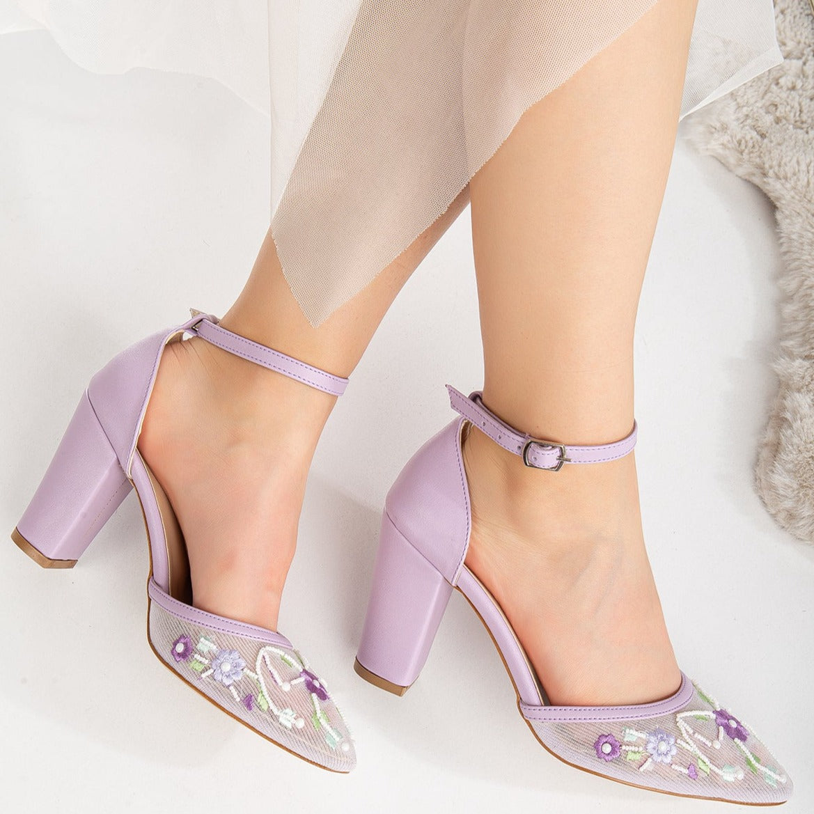 Lorraine - Lavender Floral Lace Wedding Shoes – detail view showing pearl, lace, leather, Vowalisse