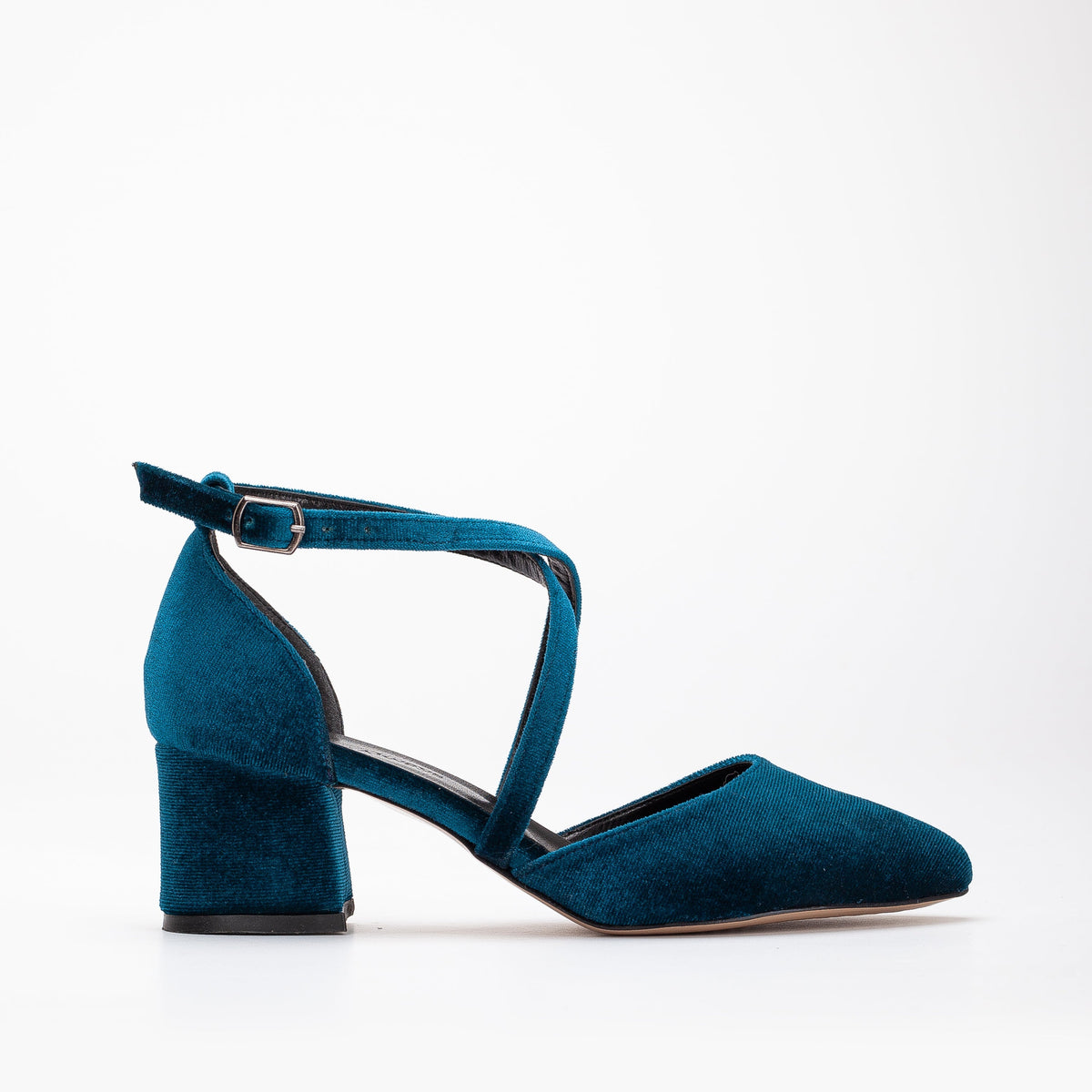 Dolly - Teal Blue Velvet Heels – front three-quarter view showing velvet, blue, Vowalisse
