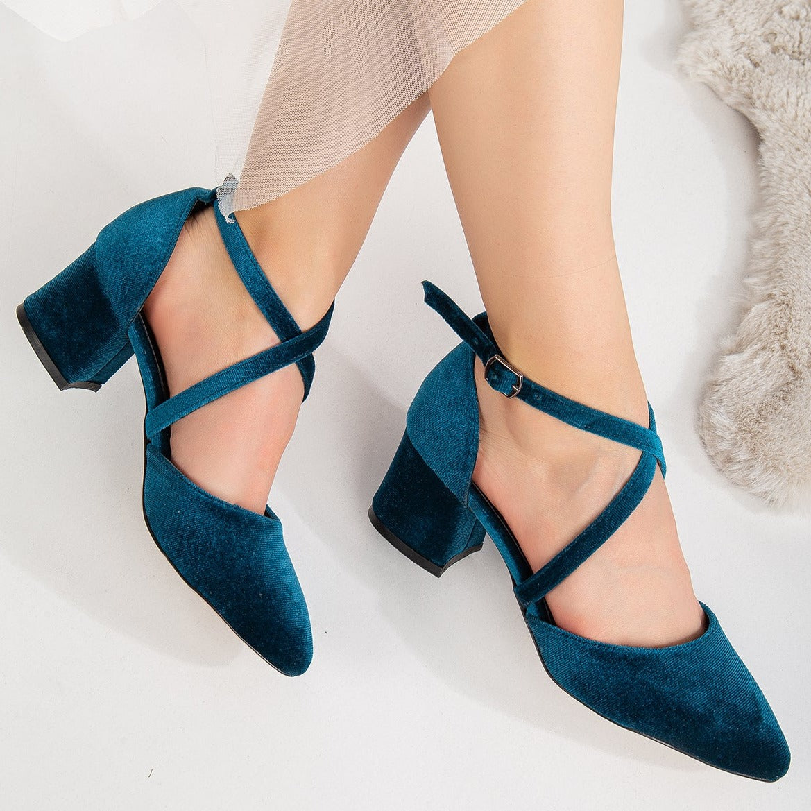 Dolly - Teal Blue Velvet Heels – heel view showing velvet, blue, Vowalisse