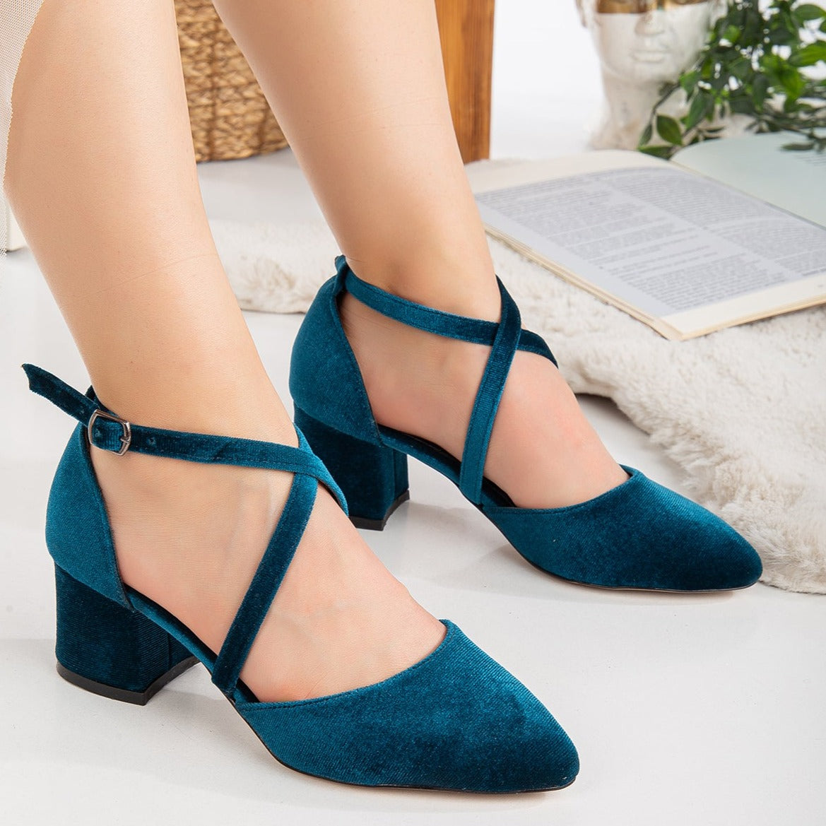 Dolly - Teal Blue Velvet Heels – top view showing velvet, blue, Vowalisse