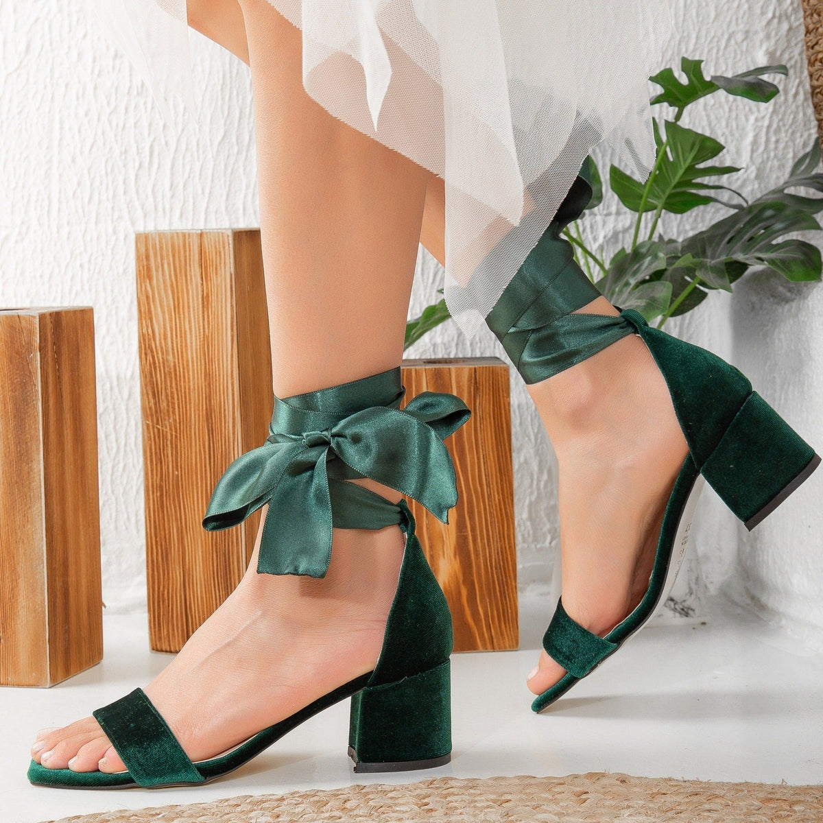 Hera - Emerald Green Sandals with Ribbon – heel view showing satin, velvet, red, Vowalisse
