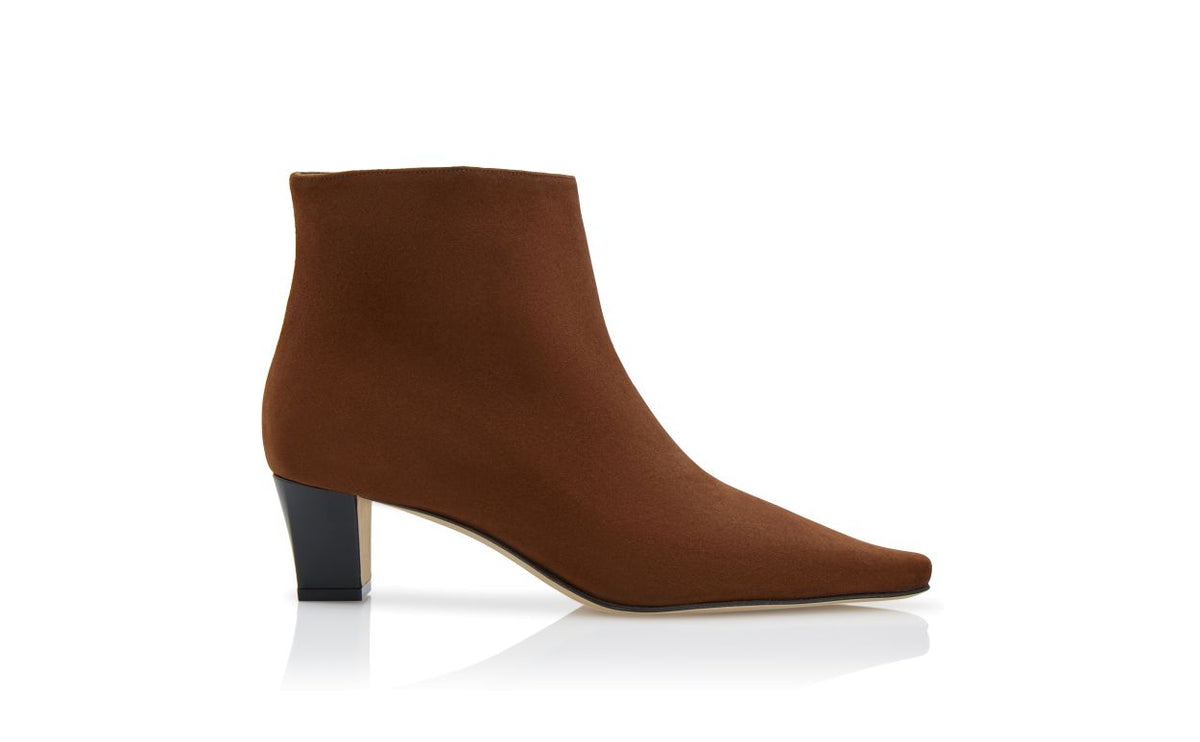 Bianca Shine Brown Almond Toe Ankle Boots – side profile showing brown almond toe, suede, Vowalisse
