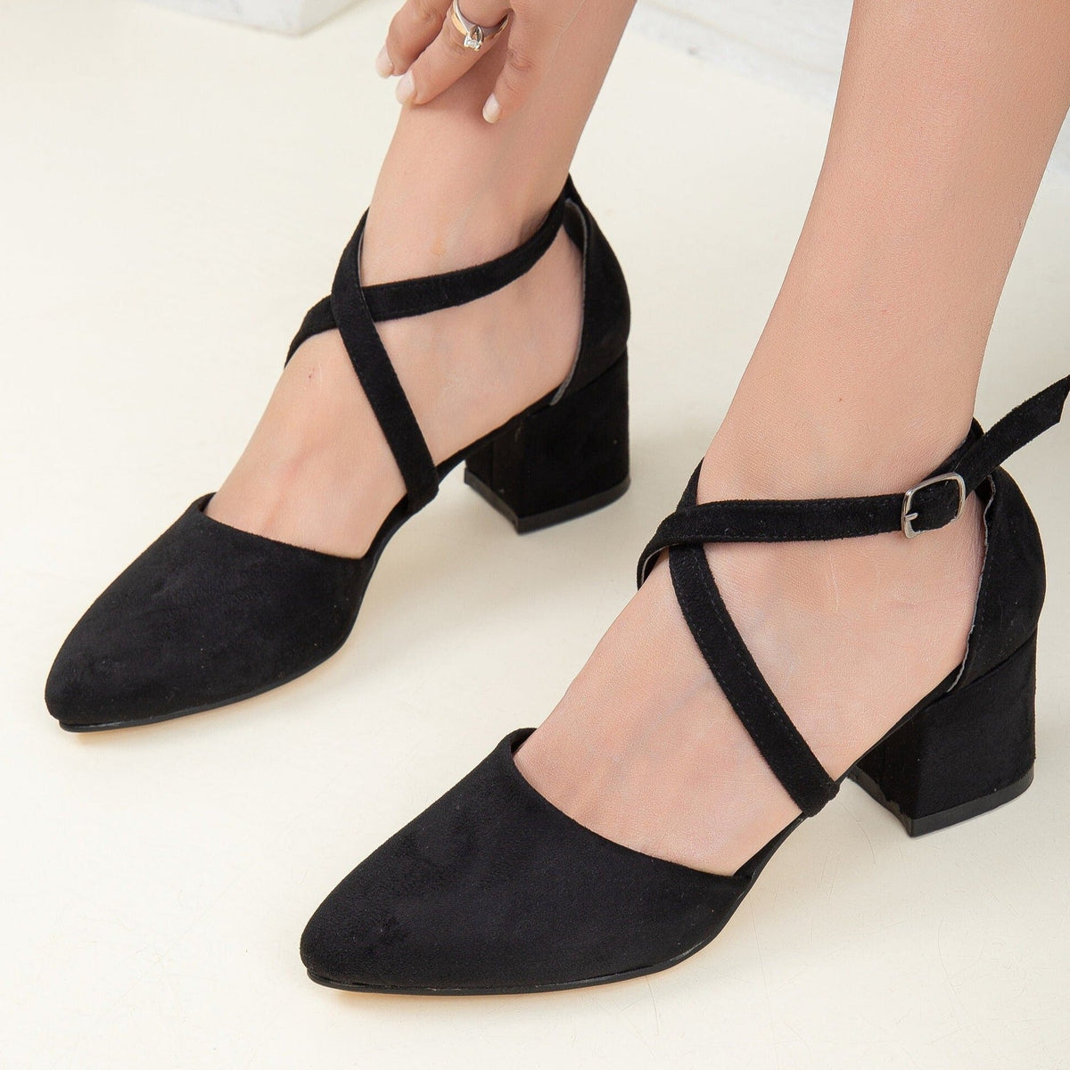 Dolly - Black Suede Pumps – side view showing leather, suede, black, Vowalisse