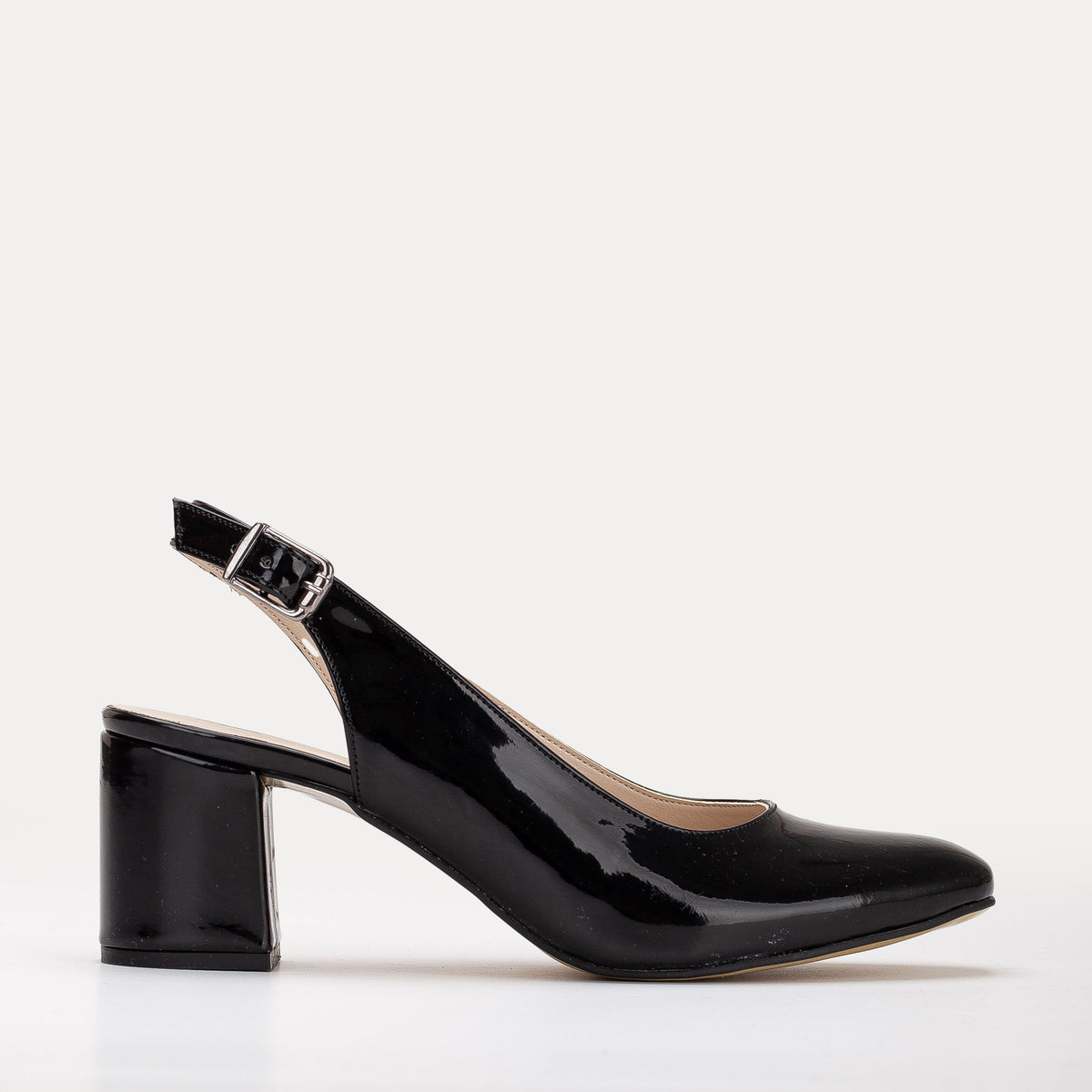 Emma - Black Slingback Shoes – front three-quarter view showing leather, black, Vowalisse