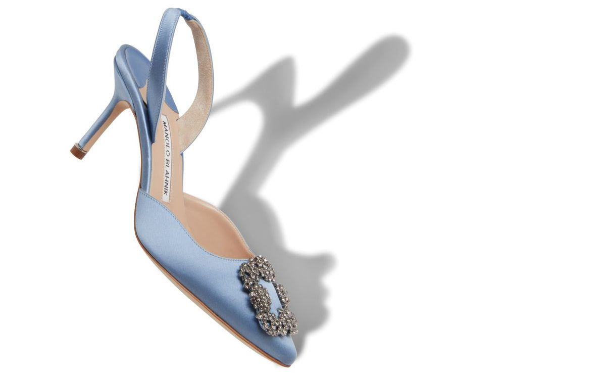 Noelle Belle Blue Jewel Buckle Slingbacks – front three-quarter view showing blue jewel buckle, crystal buckle, ankle strap…