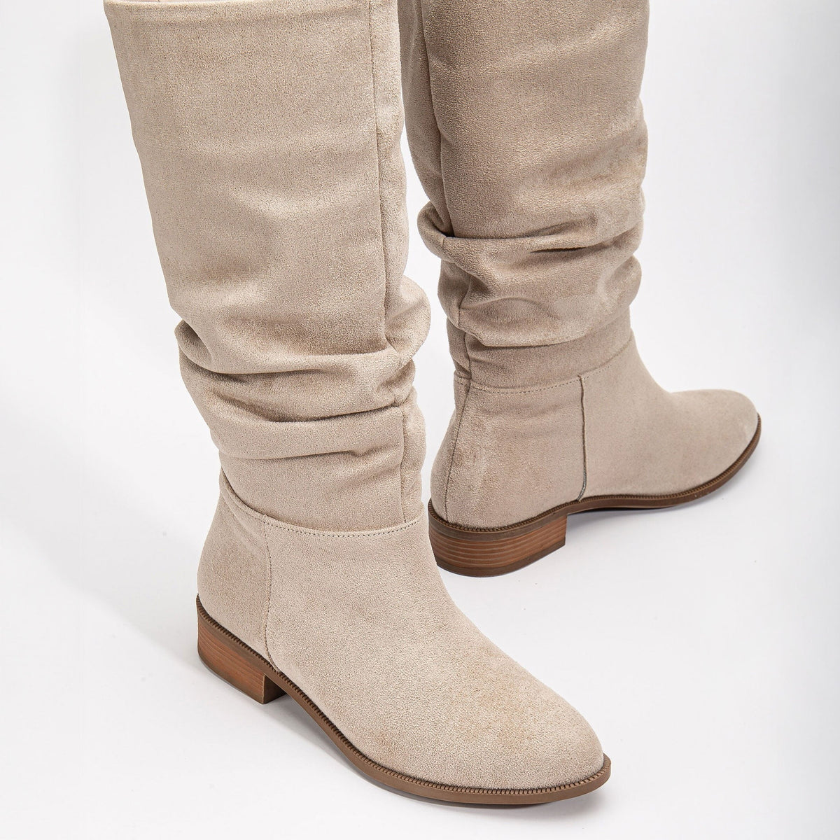 Maribel - Beige Suede Slouchy Boots – heel view showing suede, red, Vowalisse