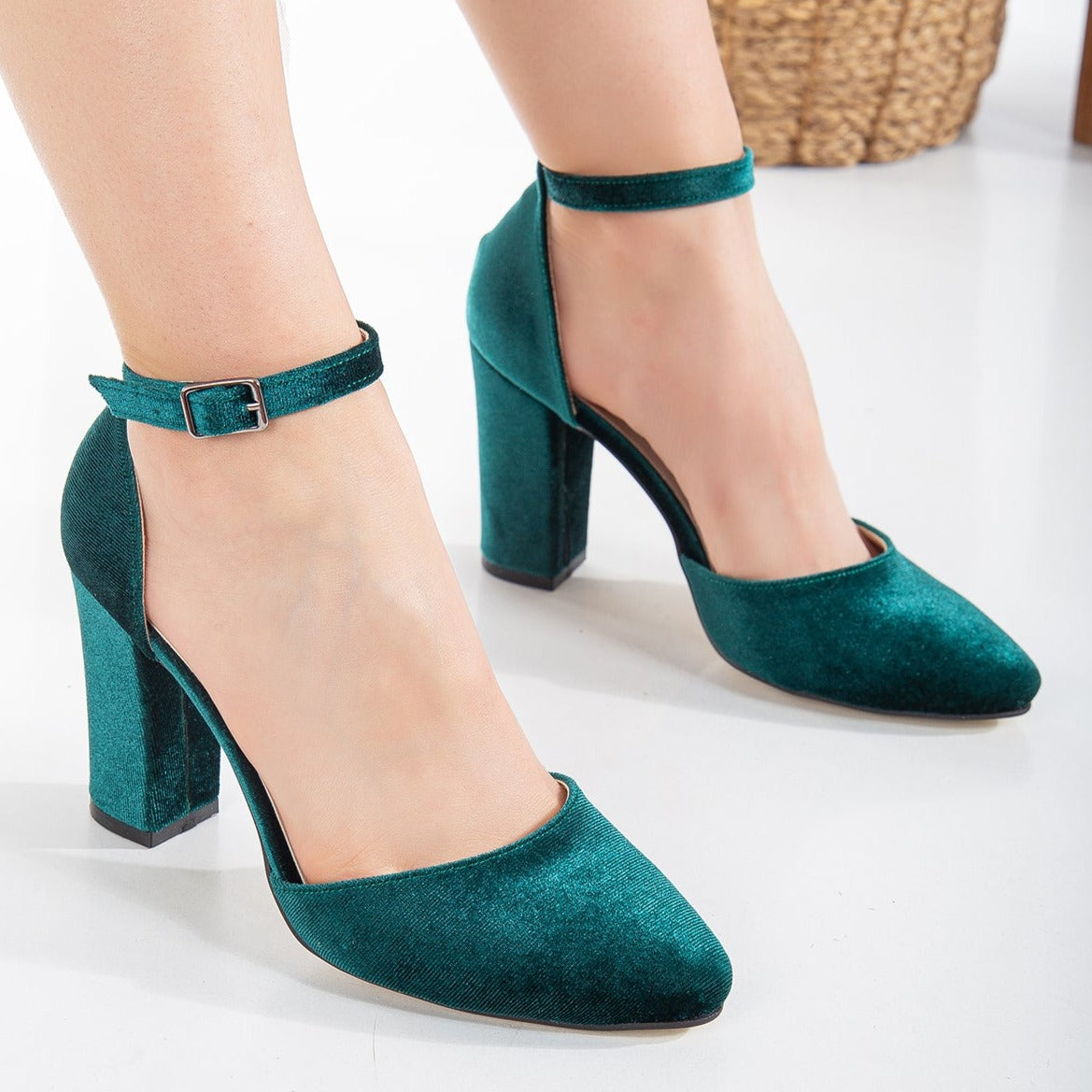 Gisele - Emerald Green Wedding High Heels – back view showing velvet, green, Vowalisse