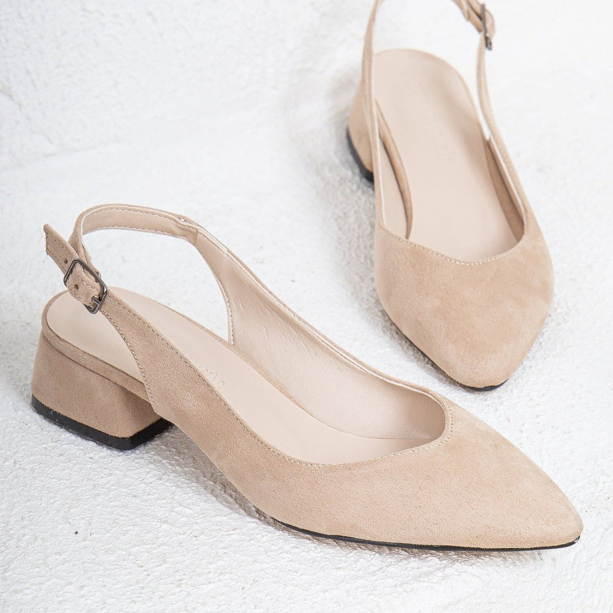 Emma - Beige Suede Slingback Shoes – heel view showing leather, suede, Vowalisse