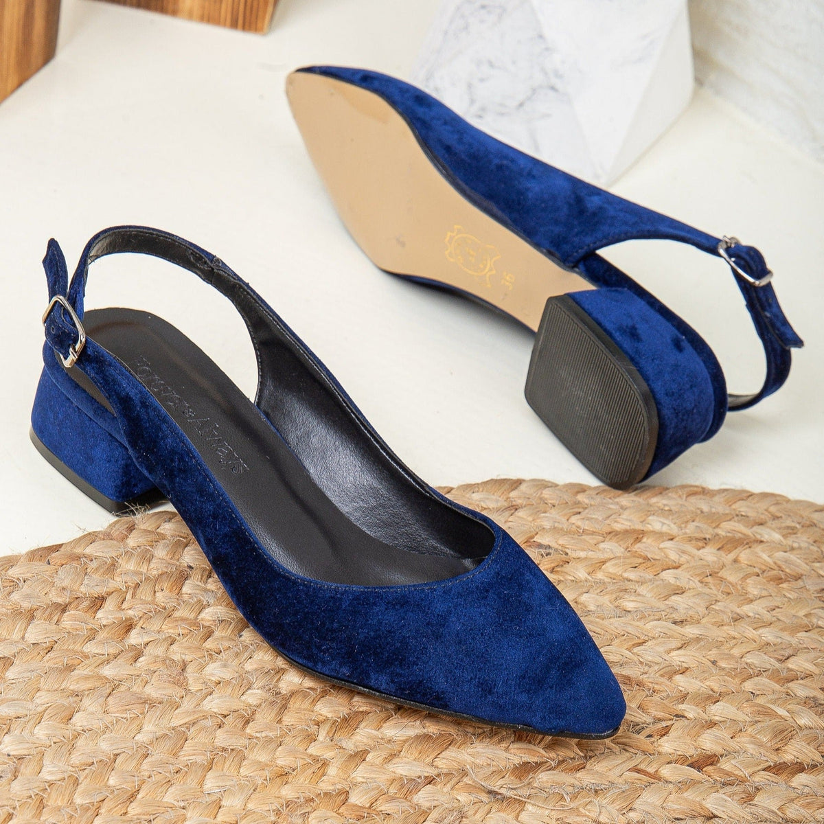 Emma - Blue Velvet Slingback Shoes – heel view showing velvet, blue, Vowalisse