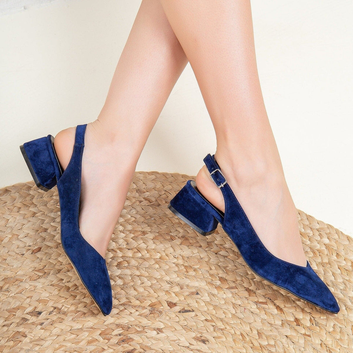 Emma - Blue Velvet Slingback Shoes – top view showing velvet, blue, Vowalisse